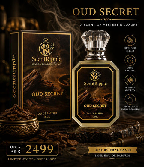 ScentRipple Oud Secret perfume with packaging on a dark background