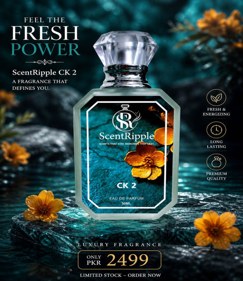 ScentRipple CK 2 eau de parfum bottle with floral elements on a dark background