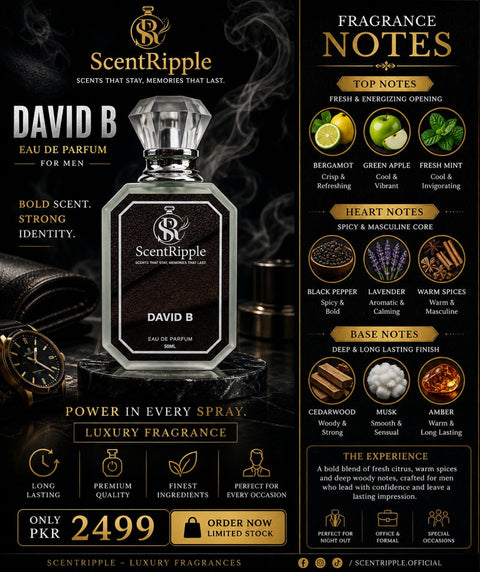 ScentRipple David B Eau de Parfum bottle with fragrance notes and branding on a dark background