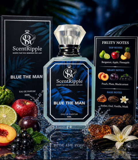 ScentRipple Blue The Man perfume bottle with fruit illustrations and product details on a dark background