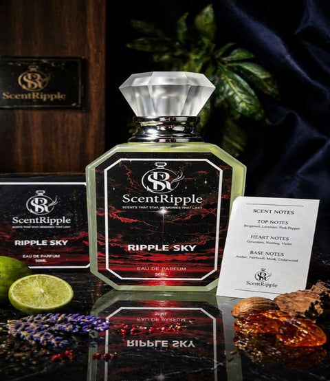 ScentRipple Ripple Sky perfume bottle with packaging and notes on a dark background