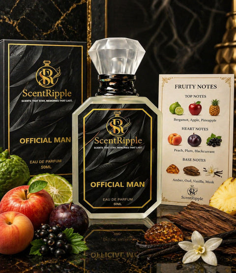 ScentRipple Official Man perfume bottle with packaging and fruit notes card on a dark background