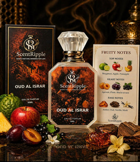 ScentRipple Oud Al Israr perfume bottle with packaging and fruit display