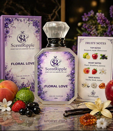 ScentRipple Floral Love perfume bottle with packaging and flavor notes on a decorative background