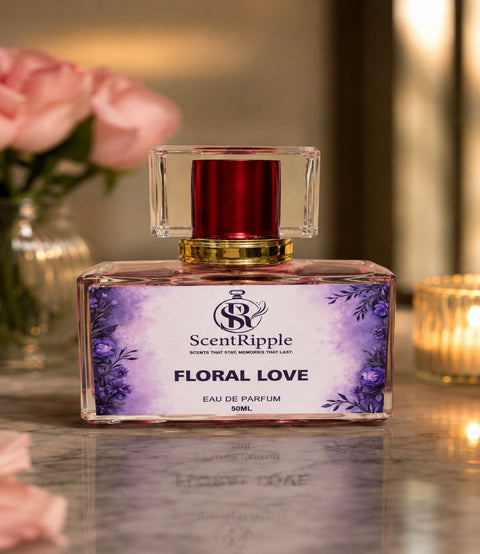 ScentRipple Floral Love perfume bottle on a reflective surface with flowers in the background