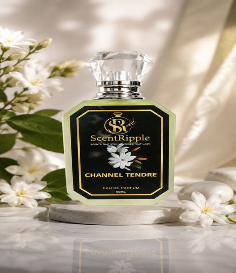 Perfume bottle with 'ScentRipple' branding on a light background with flowers.