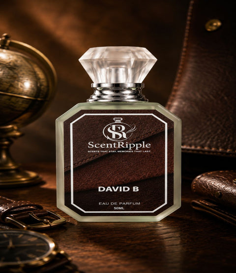 Perfume bottle labeled 'ScentRipple David B' on a wooden surface with vintage items.