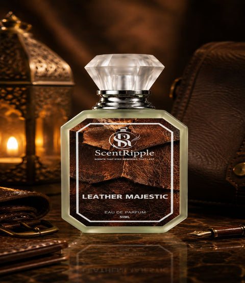 Perfume bottle labeled 'Leather Majestic' by ScentRipple with a warm, dark background.