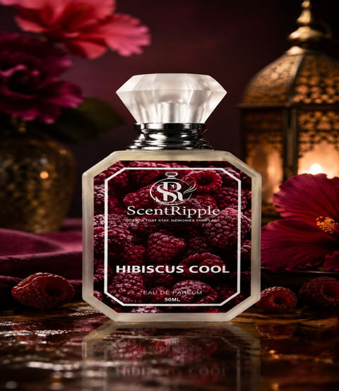 ScentRipple Hibiscus Cool perfume bottle with floral and candle background