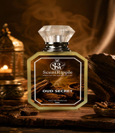 ScentRipple Oud Secret perfume bottle on a wooden surface with warm lighting