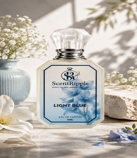 ScentRipple Light Blue eau de parfum bottle with floral design on a light background