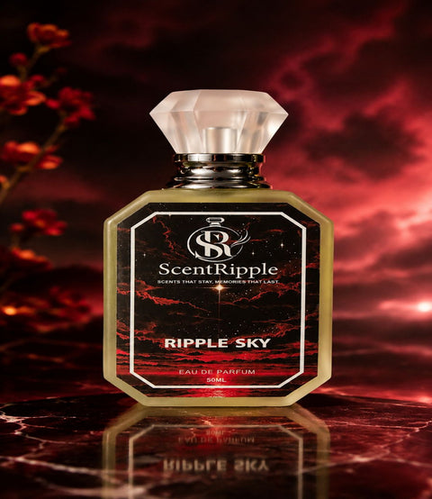 ScentRipple Ripple Sky perfume bottle on a fiery background