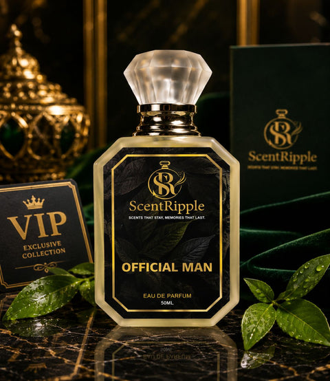 ScentRipple Official Man perfume bottle with decorative elements and branding.
