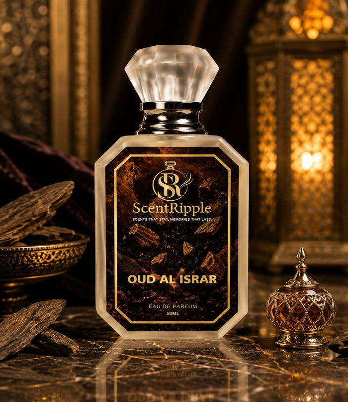 ScentRipple Oud Al Israr perfume bottle on a marble surface with decorative elements.